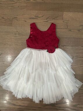 Girls (6X/7) Red White Dress with Rhinestones | Holiday Occasion Dress